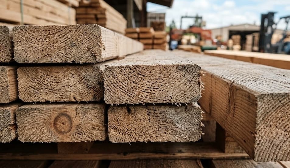 Close-up of stacked reclaimed lumber end grains
